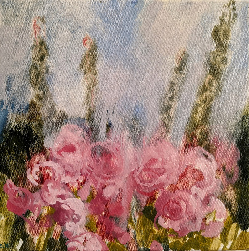 Pink Hollyhocks, oil on canvas, 12 x 12