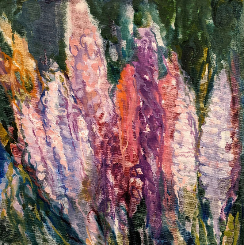 Spring Bulbs, oil wash drawing on canvas, 12 x 12