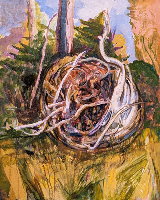 Spinning Roots, oil painting on gessoed panel, 20 x 16