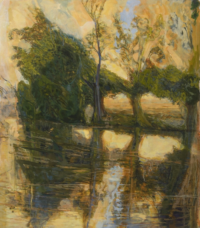 River Reflections, oil over my photo printed on canvas, 36 x 32