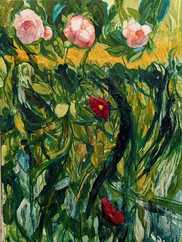 Roses at the Hedge, oil on panel, 24 x 18