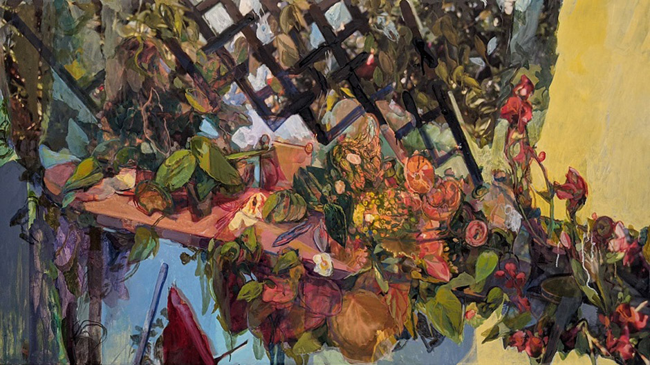 The Gardener's Table 1, oil painted over my enlarged photograph printed on canvas, 34 x 60&quot;