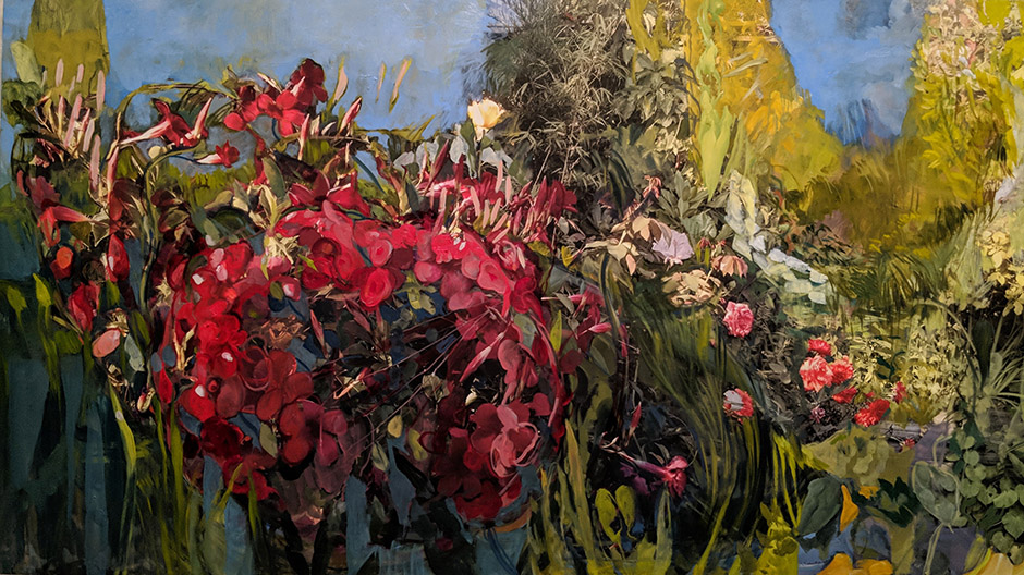 Thicket of Plantings, oil over printed photograph on canvas, 34 x 60&quot;
