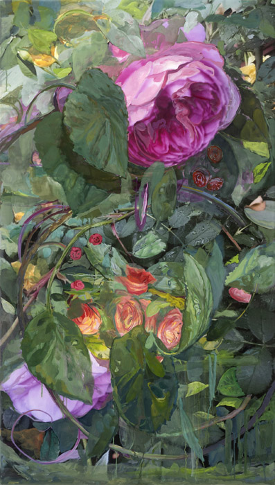 Dewy Rose Vines, oil painted over my enlarged photograph printed on canvas, 60 x 36&quot;