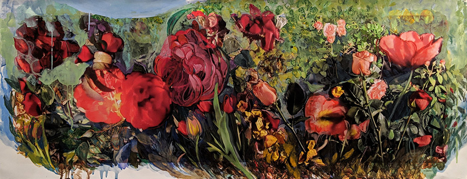 Tulips and Poppies, gouache over photograph, 22 x 58