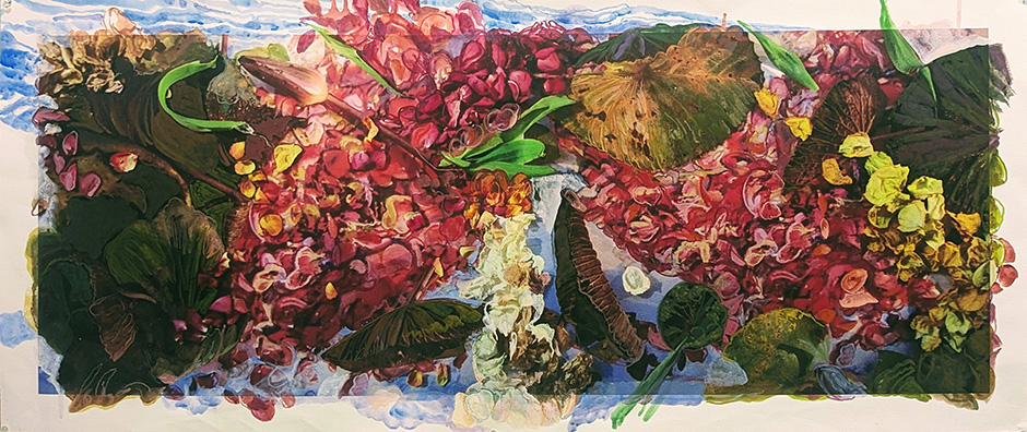 Petals and Memories, gouache over my printed photograph, 26 x 51”